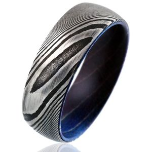 Wood Grain Damascus Steel Band w/ Inner Blue Band